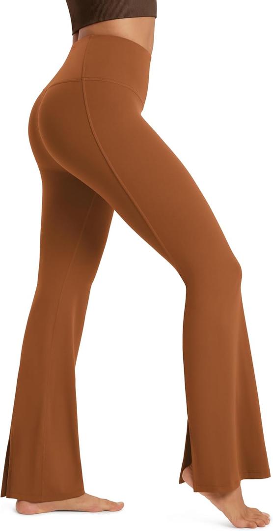 ODODOS Cloud Feeling Split-Hem Flared Pants for Women High Waisted Lounge Bootcut Yoga Pants - 31" Inseam, Caramel, X-Small