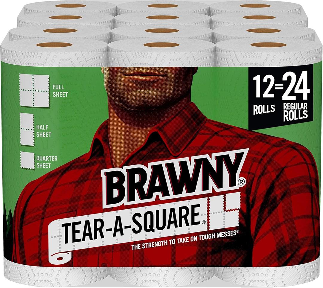 Brawny Tear-A-Square Paper Towels, 12 Double Rolls = 24 Regular Rolls, 3 Sheet Size Options, Quarter Size Sheets (White) Brawny Tear-A-Square Paper Towels, 12 Double Rolls = 24 Regular Rolls, 3 Sheet Size Options, Quarter Size Sheets (White)