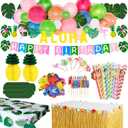 Tropical Luau Party Decoration Pack Hawaiian Beach Theme Party Flamingo Pineapple Dcors Multi Scene Luau Party Supplies (135pcs) Happy Birthday & Aloha Felt Banner Table Skirt Disposable Tablecloth