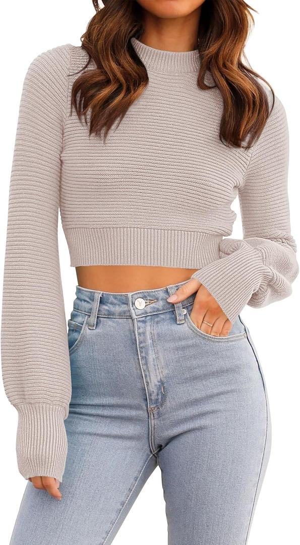 ZESICA Women's Fall Mock Neck Cropped Sweaters 2026 Long Sleeve Soft Ribbed Knit Pullover Tops Winter Fashion Outfits (Beige, S)