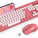 Wireless Keyboard and Mouse Combo, Retro Round Keycap Typewriter Keyboard with Phone/Tablet Holder, Cute Colorful Keyboard for Windows/Computer/Laptop by SABLUTE (Pink)