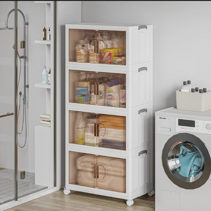 Storage Bins Lid, 4-Pack Stackable Plastic Collapsible Cabinet, Foldable Organizer with Wheel and Double Door White