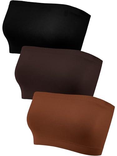HESTYA Women's Strapless Bralette Bra Seamless Bandeau Soft Stretchy Non-Padded Bandeau Tube Top Sport Bra, 3 Pieces(Small - Medium,Black, Light Caramel, Dark Brown)