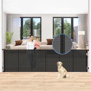 Reinforced 150 Inch Retractable Baby Gates Extra Wide Dog Gate with Support Rods, Upgrade Extra Long Baby Gate for Doorways 12 Ft Extra Large Pet Gate Indoor Outdoor Mesh Dog Gate for The House, Black