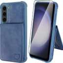 VANAVAGY Compatible for Galaxy S23 Wallet Case with Credit Card Holder, PU Leather Magnetic Clasp Kickstand Flip Phone Case Cover with Coin Pocket Screen Protector, Blue