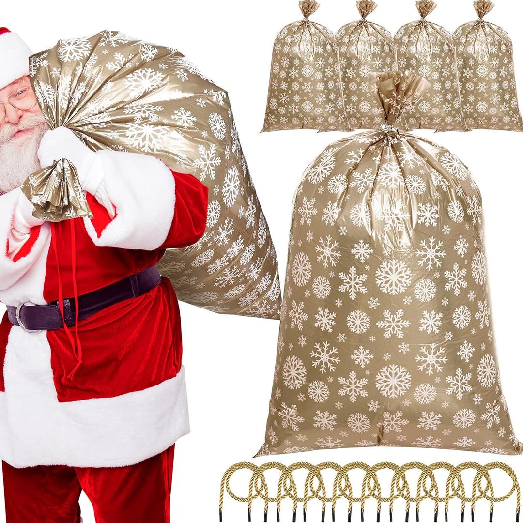 Yexiya 10PCS 56" Jumbo Christmas Gift Bags Large Christmas Plastic Drawstring Extra Large Gift Bags Snowflake Gold Gift Bag with Ribbon Cords for Christmas Decoration, Engagement Parties