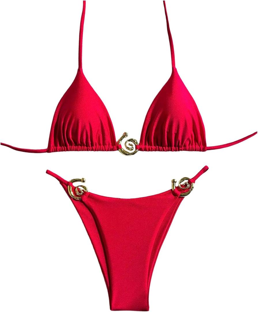 OYOANGLE Women's 2 Piece Bikini Set Spaghetti Strap Halter Swimsuit High Cut Bathing Suits (Large, Deep Red)