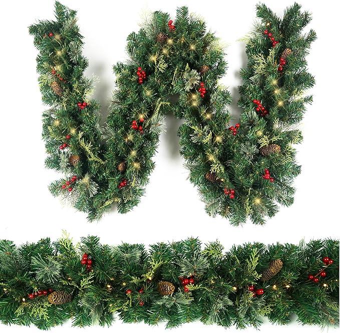 Christmas Garland with 50 Lights 9 Ft, Prelit Xnas Garland with Red Berry, Pine Cone, Cypress Leaf, Battery Operated Christmas Decor for Mantle Staircase Indoor and Outdoor