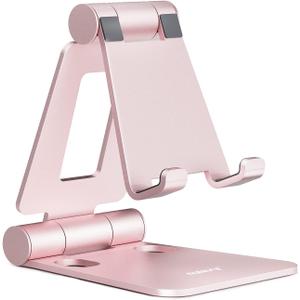 Nulaxy Dual Folding Cell Phone Stand, Fully Adjustable Foldable Desktop Phone Holder Cradle Dock Compatible with iPhone 17 16 15 14 13 12 11 Pro Max Xs Xr X 8, Nintendo Switch, All Phones - Rose Gold