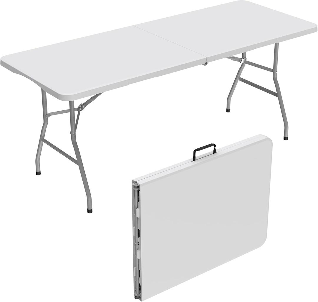 Allpop 6Ft Folding Table for Indoor Outdoor, Fold-in-Half Portable Plastic Dining Table with Carrying Handle for Picnic Party Camping, White