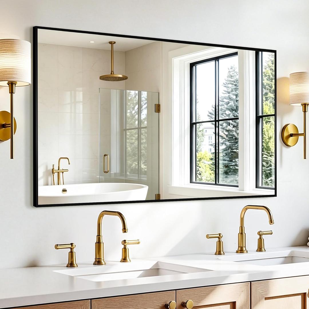 Rectangular Bathroom Mirror, 55"x30" Black Metal Framed Vanity Mirror