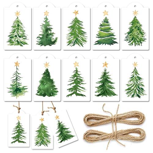 120 Pcs Christmas Tree Gift Tags with Hemp Rope Green Watercolor Christmas Tree Paper Tags Winter Holiday Hanging Name Labels for Xmas Party Favor Present Decoration