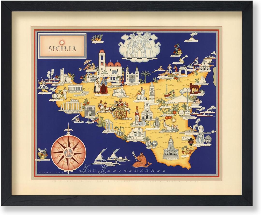 Poster Master Map Poster - Sicily Print - Pictorial Map of Sicilia - Italy Art - Gift for Men, Women & Travel Lover - Great Wall Decor for Living Room, Bedroom or Office - 8x10 UNFRAMED Wall Art (Style01)