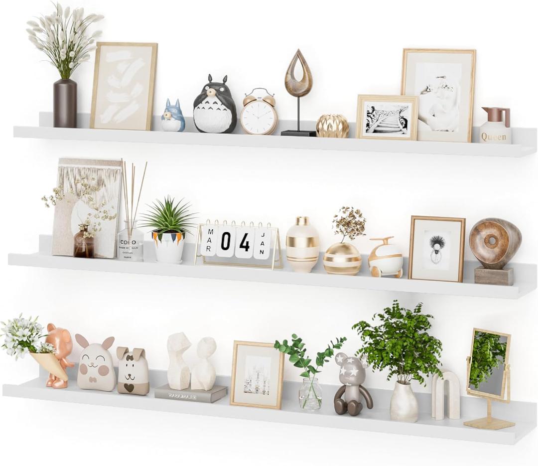 Heimlove 48 Inch Picture Ledge Shelf with Lip,White Floating Shelves for Wall Set of 3,Long Wall Shelves in Varying Depths for Living Room,Bedroom,Nursery,Bookshelf