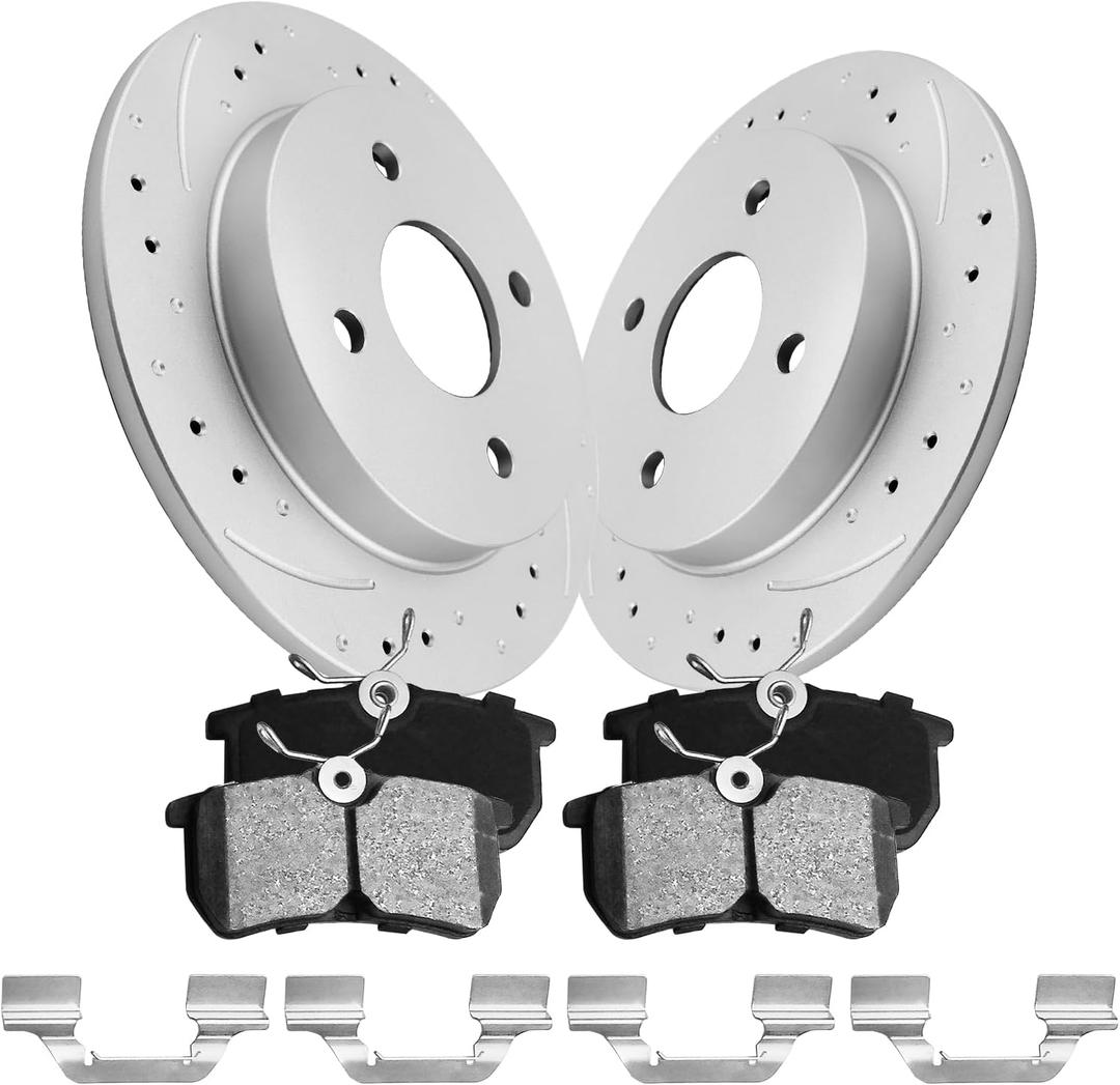 Anpulsero Rear Drilled Slotted Brake Rotors Ceramic Brake Pads Compatible with Select Ford Models, Focus 2001-2007, Fiesta ST 14-19, 9.9 inch(252.7mm) Geomet Rear Rotor| 54095