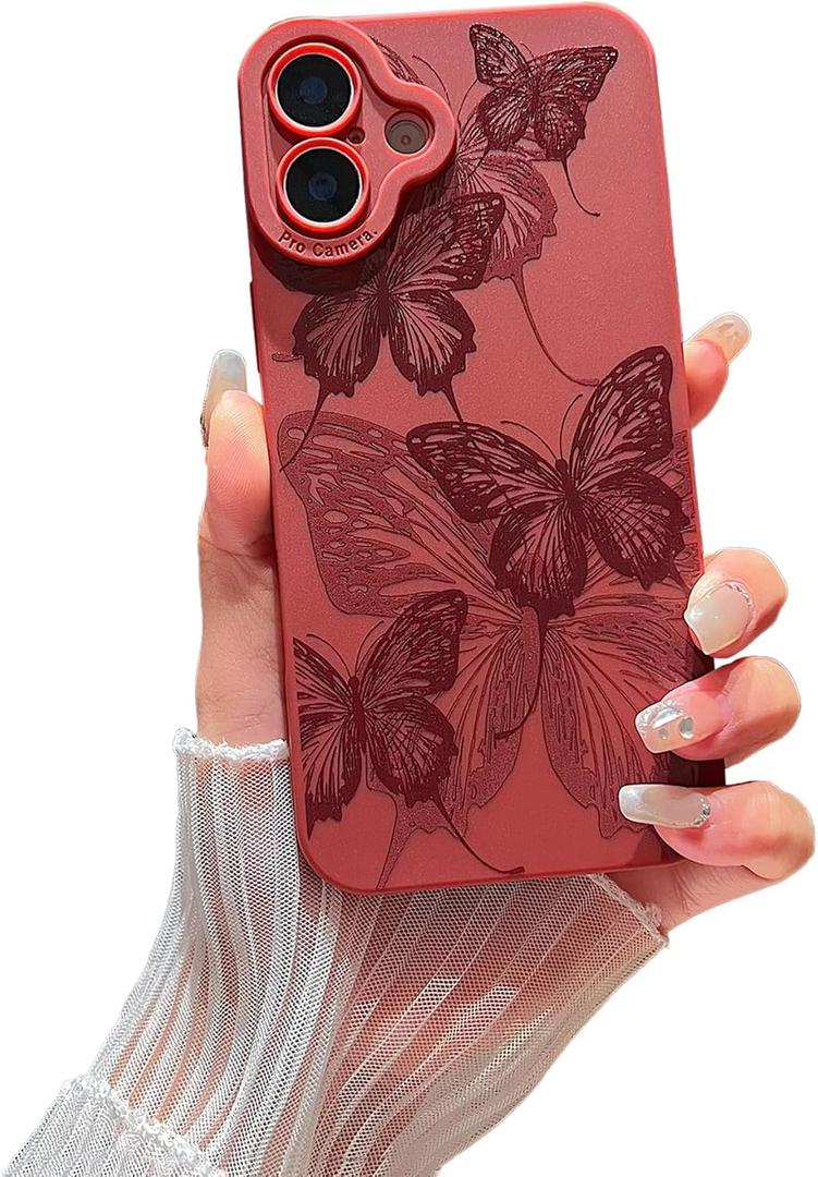 Compatible with iPhone 16 Case Cute Butterfly Pattern Design for Girls Women, Soft Silicone Shockproof Protective Designed for iPhone 16 Case-Red