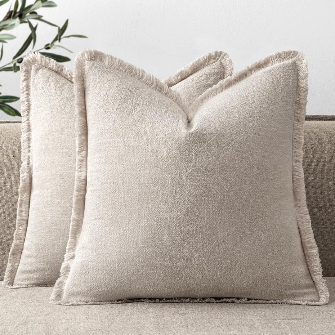 ANRODUO Set of 2 Decorative Throw Pillow Covers 2424 Inch Soft Linen Fringe Farmhouse Boho Vintage Cushion Covers with Tassels Accent Pillowcase for Couch Sofa Bed Living Room Decor Natural Beige