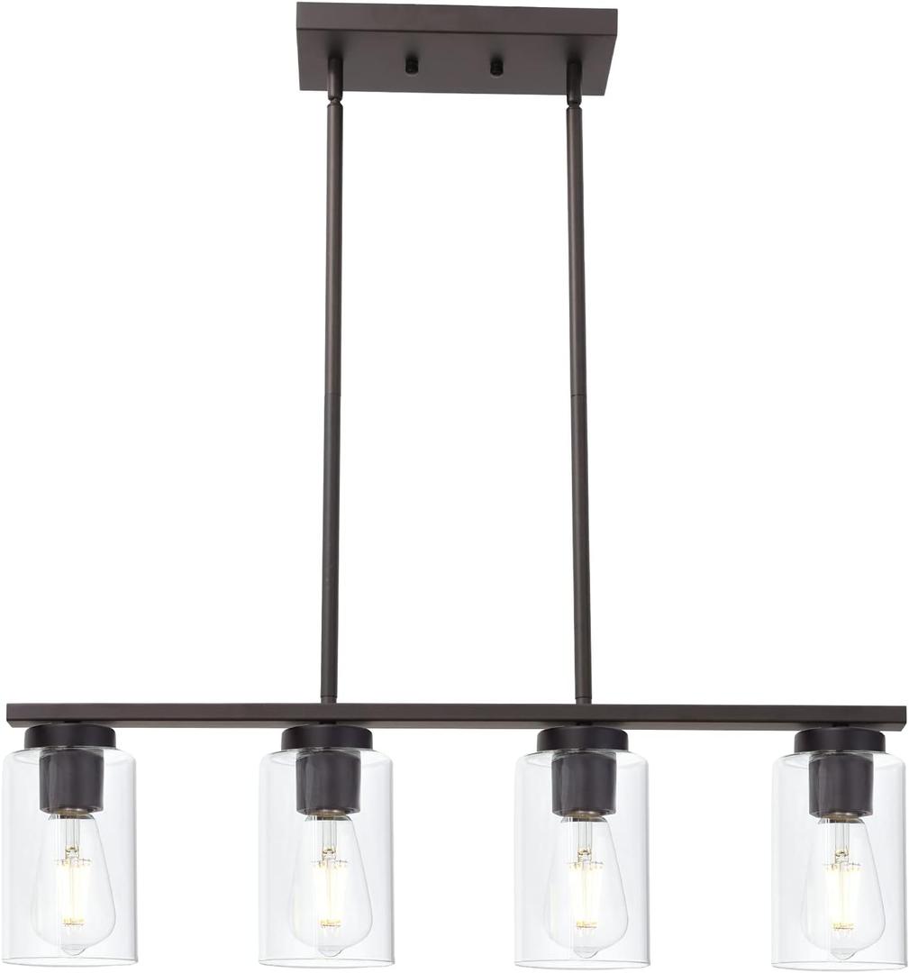 TODOLUZ Farmhouse Dining Room Chandelier 4-Lights Kitchen Island Light, Clear Glass Pendant Lighting Fixtures in Oil Rubbed Bronze