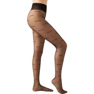 Designer Sheer Pantyhose for Women, Letter Print High Waist Tights with Shaping Control Top, Back Seam Transparent Stockings with Cuban Heel, Sexy Vintage Slimming Nylon Tights