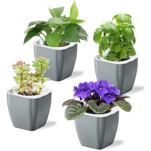 Oliz 4 Pack Self Watering Pots 4-inch Decorative Flower Planters for Indoor Plants Modern Square planters for Small Plants Window Sill Planters for Succulents, African Violets, Herbs(Sliver Black)