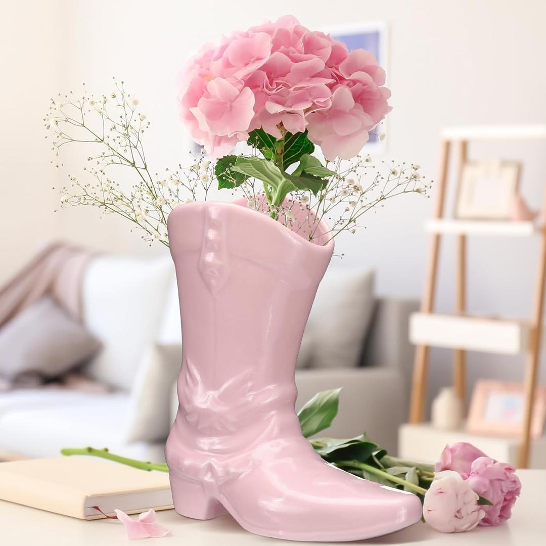 CroBlissful 8.7 Inch Cowgirl Boot Vase for Book Shelf Ceramic Cowboy Decoration Arrangements Nice Western Country Accent Vase Unique Boot Planter for Modern Aesthetic Room Wedding Decor (Pink)