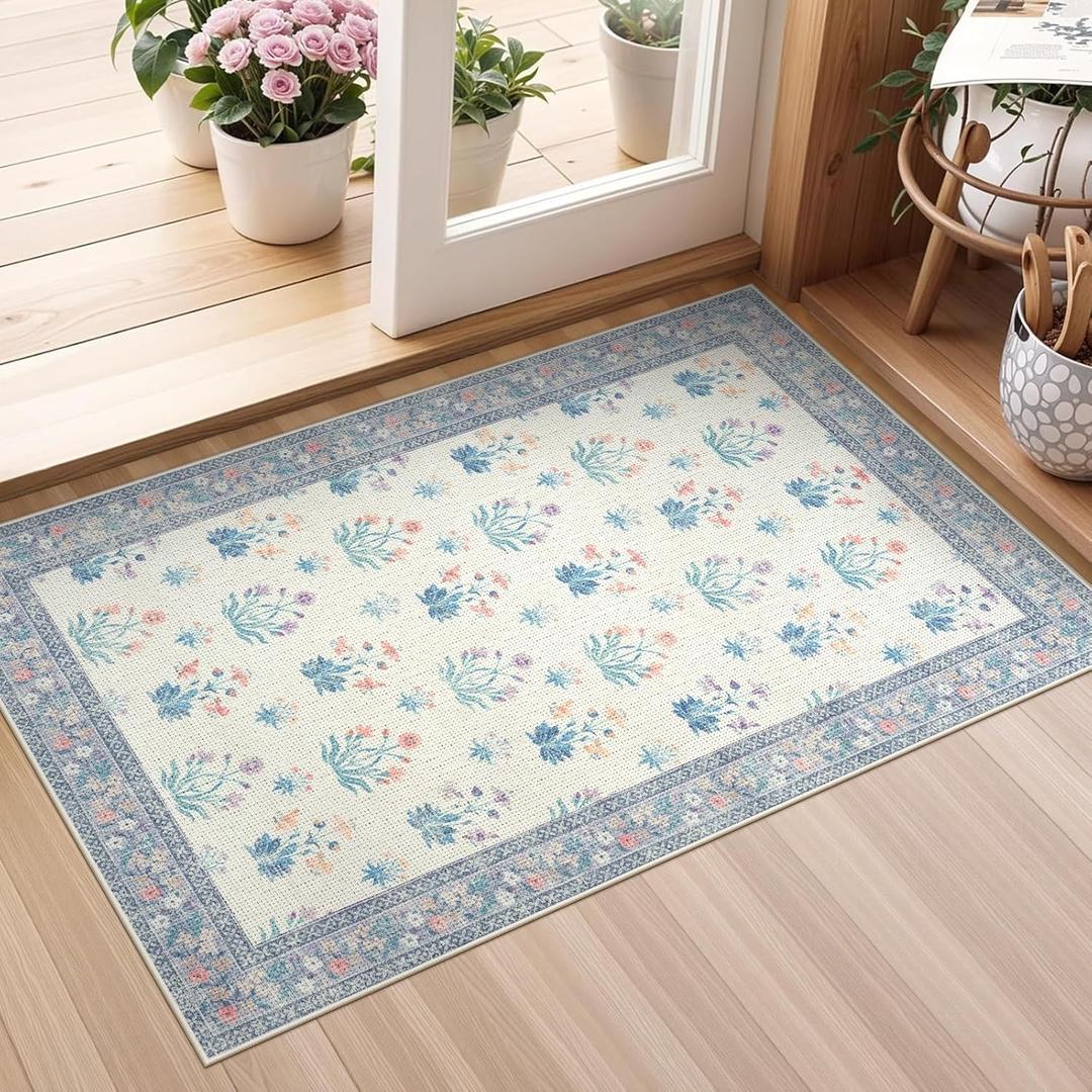 Anidaroel Door Mat Indoor Entrance 2x3 Floral Rug, Easy Jute Woven Washable Boho Entryway Rug Non-Slip, Off White Ultra-Thin Indoor Outdoor Small Kitchen Rugs, Accent Carpet for Entry, Purple