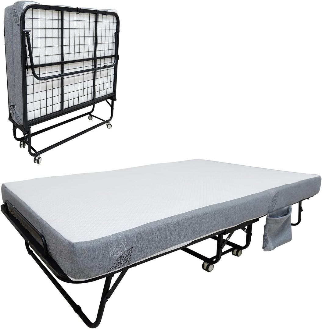 Folding Bed with Mattress for Adults, 75" x 31" Portable Rollaway Guest Beds on Wheels, Foldable Metal Frame Bed with 5" Memory Foam Mattress & Side Storage Pocket for Office, Bedroom, Space Saving