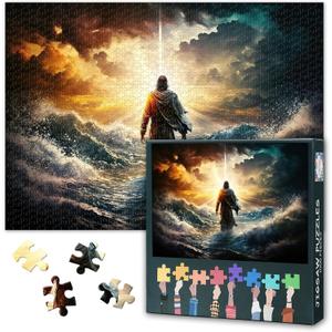 Jesus Puzzles for Adults 1000 Pieces, Figure of Jesus Walks on Water on Beautiful Sunset, Impossible 1000 Piece Jigsaw Puzzles for Home Wall Decor, 19.5 x 27.5 Inch