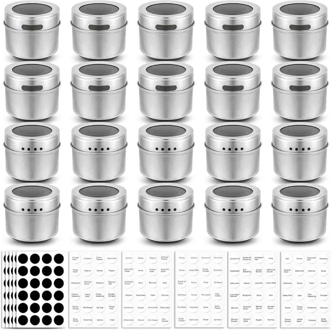 Bekith 20 Pack Magnetic Spice Jars, Magnetic Spice Containers for Refrigerator, Seasoning Tins with Clear Top Lid, 240 PVC Spice Label Set