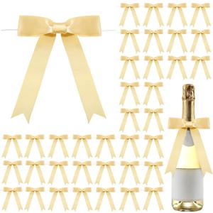 Riceshoot 50 Pcs Twist Tie Bows 5x7 Inch Large Satin Ribbon Bow for Gift Wrapping Champagne Bottle Cake Treat Bag Craft DIY Gift Wedding Baby Shower Bridal Shower Christmas Birthday Party(Gold)