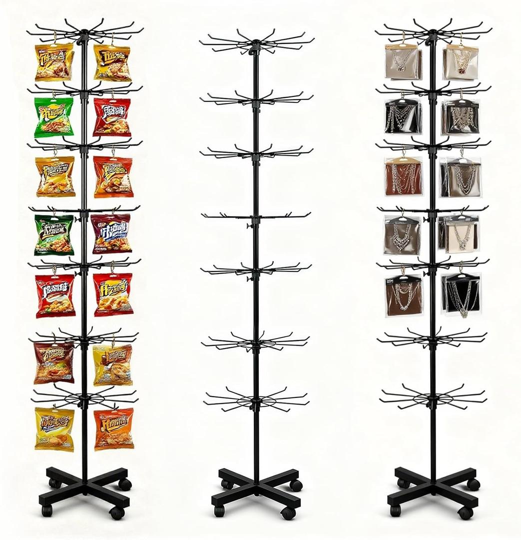 DEYEGELEA 7 Tier Rotating Rack Shelves, Retail Display Stand For Jewelry, Keyrings, Socks, Hats, Movable Spinner For Toys, Adjustable Height, Black