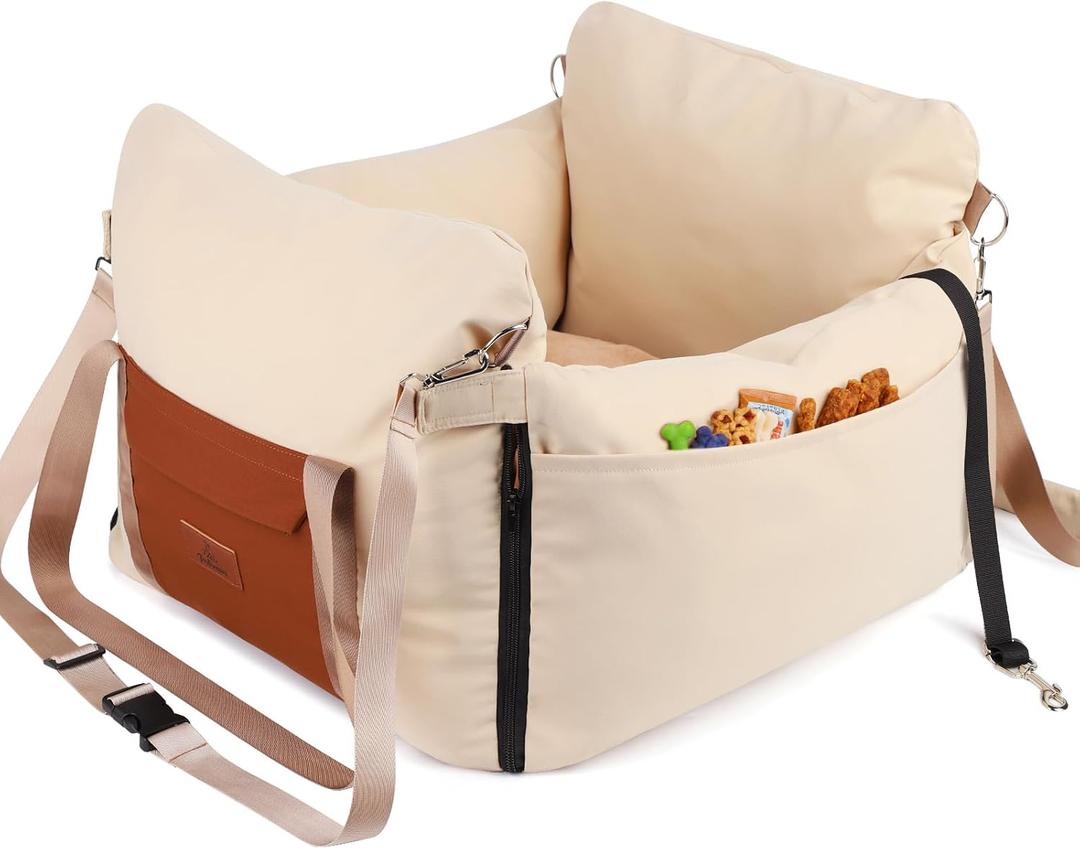 Dog Car Seats for Small Dogs, Waterproof Puppy Car Seat with Side Handles and Large Pockets, Clip-On Safety Leash and PP Cotton Filling, Pet Booster Seat for Small Dog up to 25lbs (Apricot)