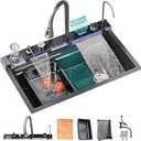 Digital Display Embossed Stainless Steel Sink Nano Black Kitchen Single Bowl Sink With Flying Rain Waterfall, Integrated Workstation, Pull-Out Tap, Drain Ba 31.5inch X18.6inch.Depth 8.6inch,)3 Black-Grey Upgrade