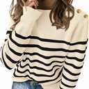 KIRUNDO Women's Striped Sweaters 2024 Fall Winter Outfits Crewneck Ribbed Knit Pullover Trendy Tops with Metal Buttons (Beige White, Medium) (M)