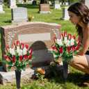2 Sets Artificial Cemetery Flowers with Vase Memorial Flowers Bouquet & Heavy-Ground Spike Vases Fade-Proof, Windproof Grave Memorial Flowers for Cemetery Headstones Decoration (Rose red white)