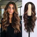 Dark Brown Wig With Highlight for Women Middle Part Brown Mixed Blonde Wavy Wigs With Highlights Natural Looking Synthetic Heat Resistant Fiber Wig for Daily Party Use (26 Inch)