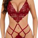 AnloveKiss Women's Lingeries Deep V Teddy Lingerie Sexy Lace Bodysuit Cut Out One Piece Mini Babydoll, M