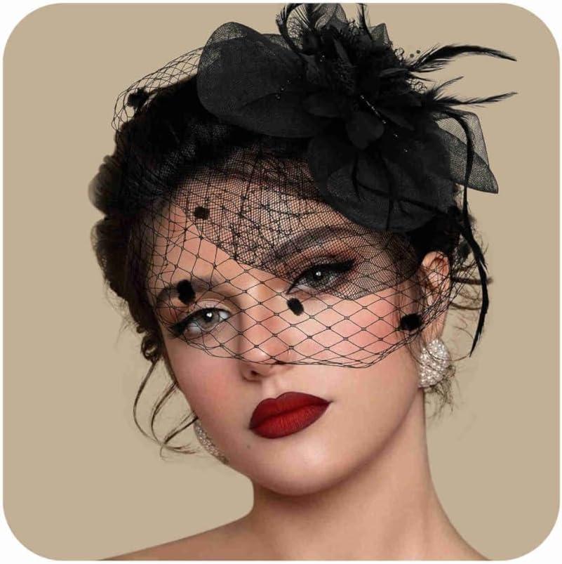 Fascinators Hats for Women Tea Party Hat Feather Mesh Headband Vintage Lace Cocktail Headwear Veil Hair Clip Church (Black)