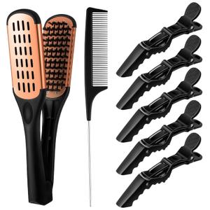 Honeydak Double Brush Boar Bristle Clamp Comb with Alligator Hair Clips, Pin Rat Tail Comb for Hairstyling (Orange)