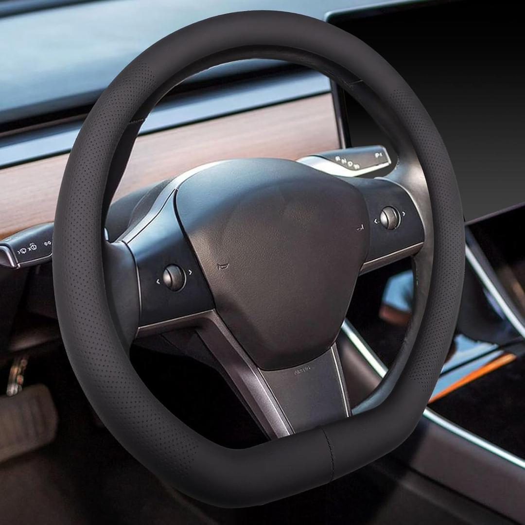 KAFEEK Steering Wheel Cover for Tesla Model 3/Y, Premium Leather Steering Wheel Cover 14-14 1/4 inch, Ultra-Thin, Breathable, Non-Slip, for Tesla Accessories, Black