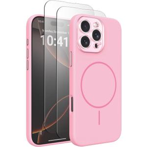 Magnetic Silicone Case for iPhone 16 Pro Case with 2 Screen Protector, Upgraded Hard Acrylic Camera Protector Soft Slim Stylish Cute Phone Cover Compatible with MagSafe, Chalk Pink
