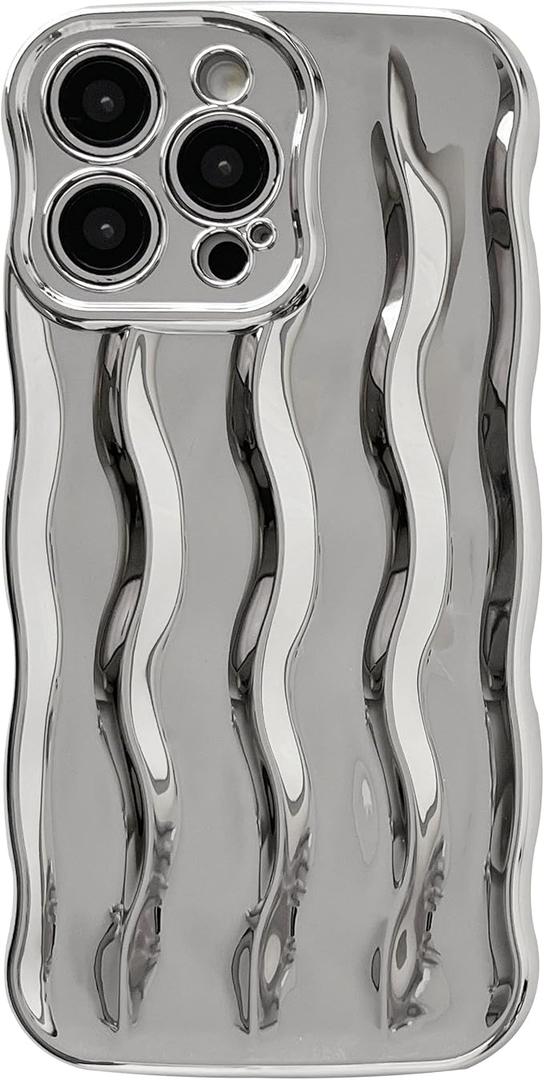 Caseative for iPhone 15 Pro Max Case,Water Ripple Pattern Curly Wave Frame Soft Phone Case (Silver)