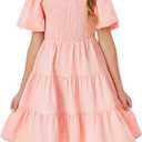 Batermoon Girls Boho Square Neck Puff Sleeve Off Shoulder Smocked Tiered Casual A Line Short Mini Dress