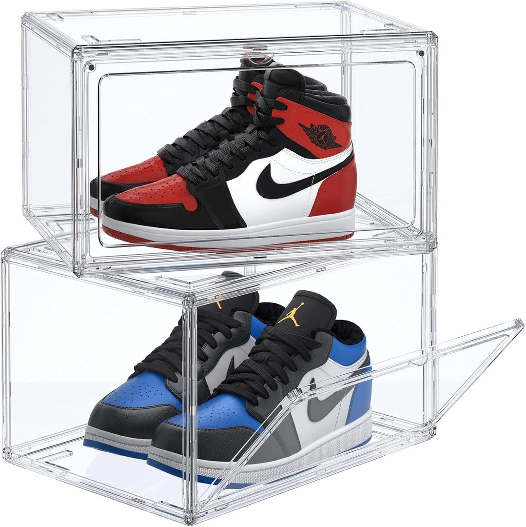 2-Pack Acrylic Clear Stackable Shoe Boxes - 360 Clear Acrylic Display Shoes Boxes - Fully Transparent Display Box with Magnetic Door