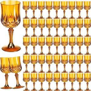 7OZ Plastic Wine Glasses, 48Pcs Amber Reusable Drinking Cups Vintage Champagne Flutes, Plastic Crystal Water Goblets for Parties Stemmed Shatterproof Drinking Glasses for Wedding, Toasting Party