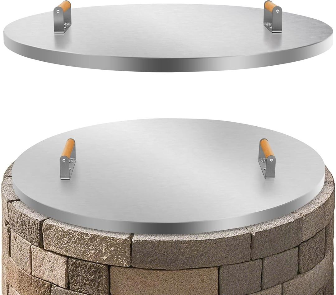 1MORE Fire Pit Lid Round 34" - Stainless Steel Firepits Cover with Wooden Handles for Patio Firepits,Rust Resistant 1.5mm Fire Pits Metal Lid, Fire Pits Cover Round, All-Season Protective.Silver