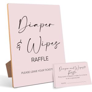Diaper And Wipes Raffle Baby Shower Games,Baby Shower Decorations,Baby Shower Signs,Gender Reveal Decorations,Baby Shower Bingo,1 Wooden Play Sign with Stand and 50 Raffle Tickets Set Pink14