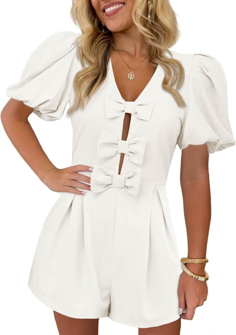 Cicy Bell Womens Cute Rompers Bow Front Puff Sleeve V Neck Short Jumpsuits Sexy Summer Outfits with Pockets (White, XXL)
