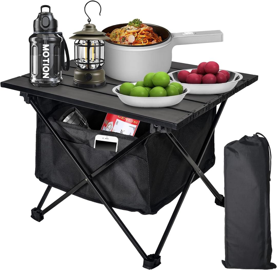Foldable Camping Side Table, Ultralight Small Beach Aluminum, Portable Outdoor Table with Carry Bag and Storage for Picnic, Grill, Hiking, Fishing, Sand, Camping, Black
