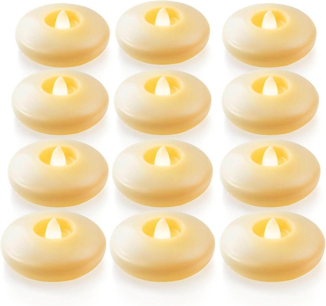 Homemory 12 Pack 3 Flameless Led Floating Candles, 200 Hour Battery Operated Flickering Waterproof Tealights for Cylinder Vases, Centerpieces at Wedding, Party, Pool, Holiday (Ivory Base)